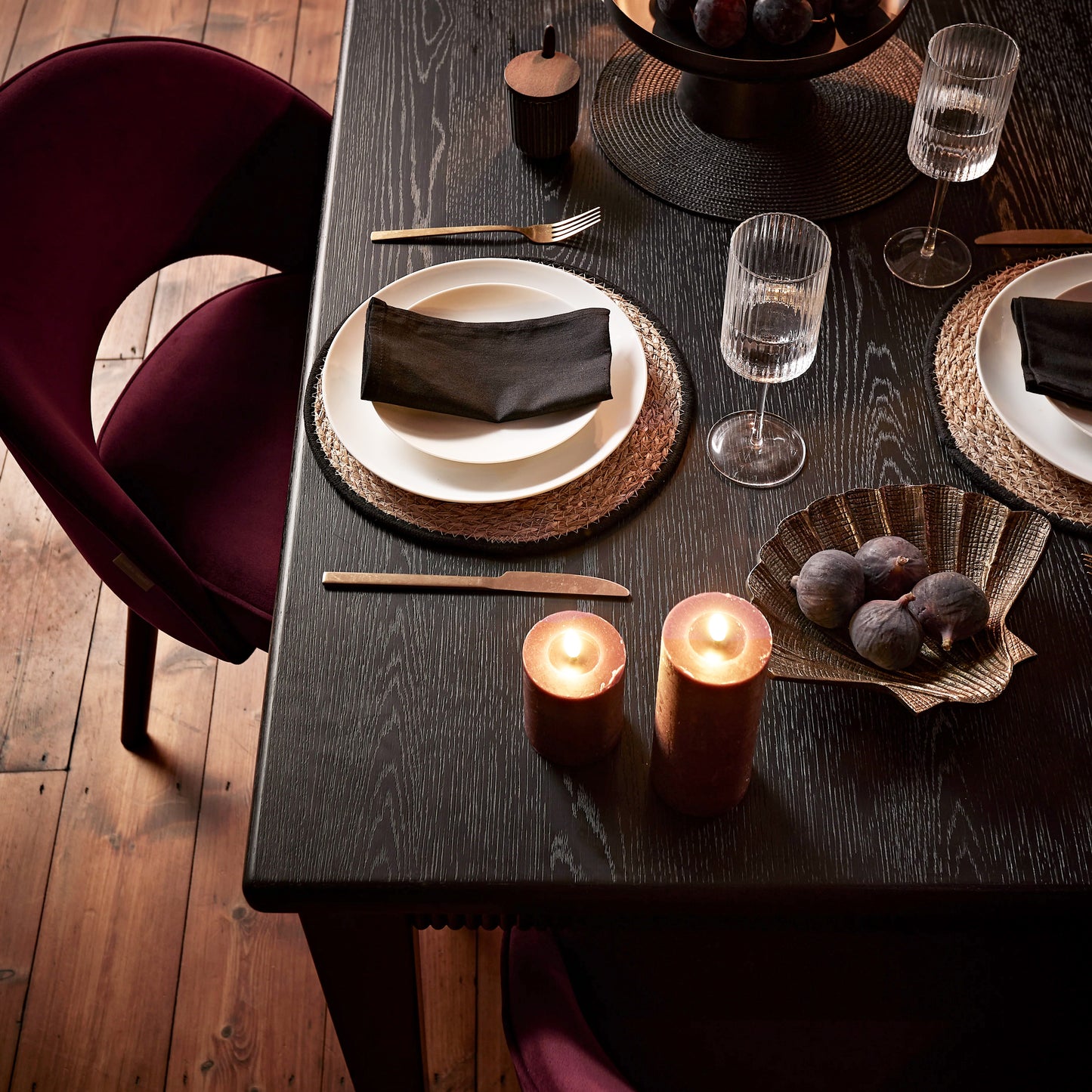 Raleigh Black Dining Table Set - 6 Seater - Marilyn  Burgundy Red Dining Chairs - Black Oak Legs - Laura James 