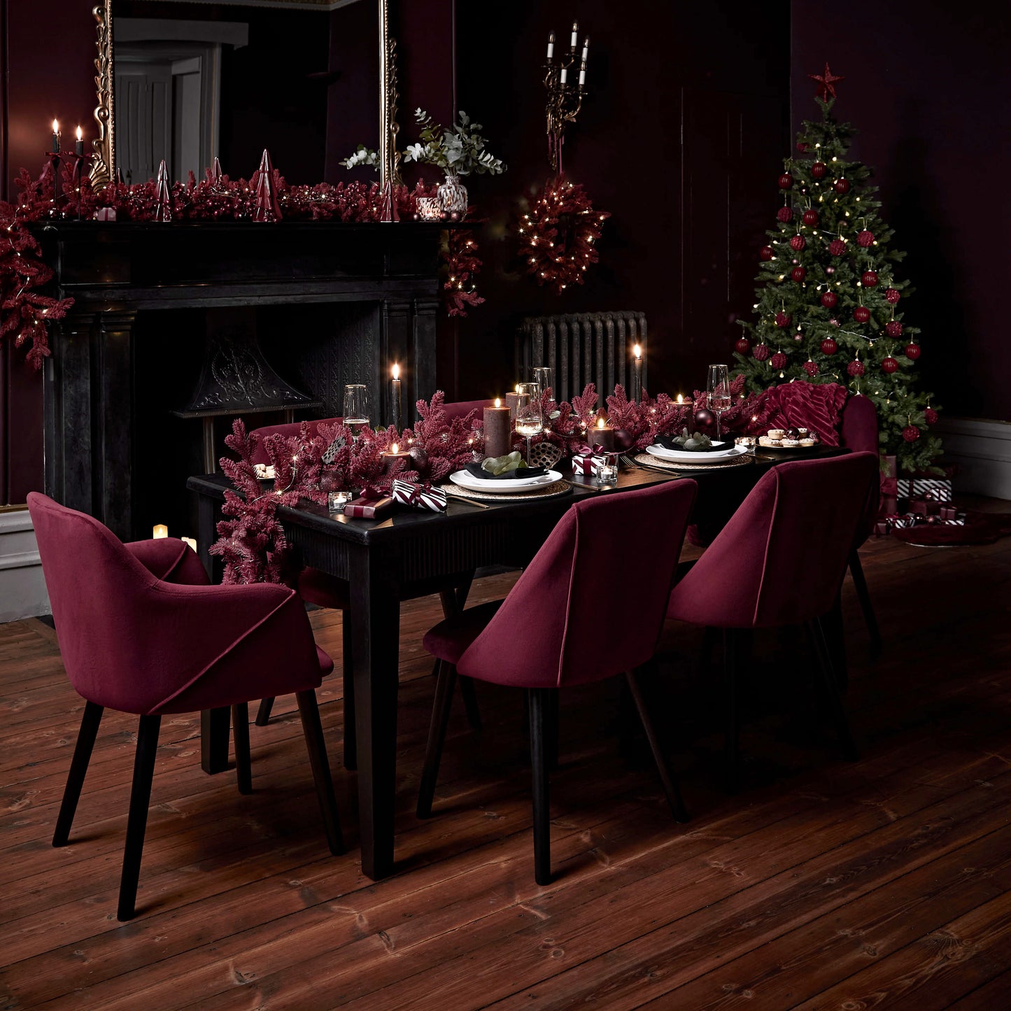 Raleigh Black Dining Table Set - 6 Seater - 4 Freya Burgundy Red Dining Chairs & 2 Freya Burgundy Red Armchairs - Black Oak Legs - Laura James