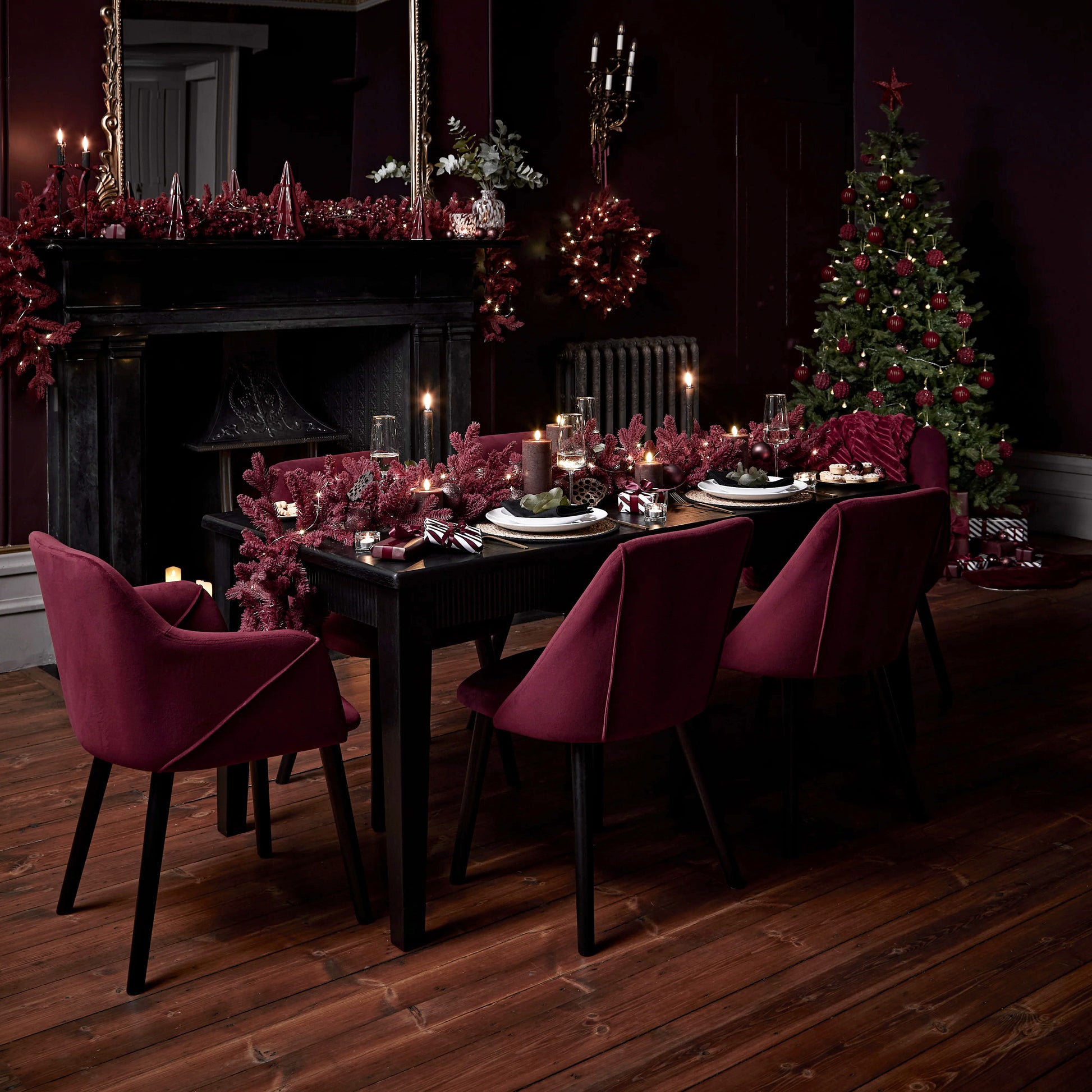 Raleigh Black Dining Table Set - 6 Seater - 4 Freya Burgundy Red Dining Chairs & 2 Freya Burgundy Red Armchairs - Black Oak Legs - Laura James