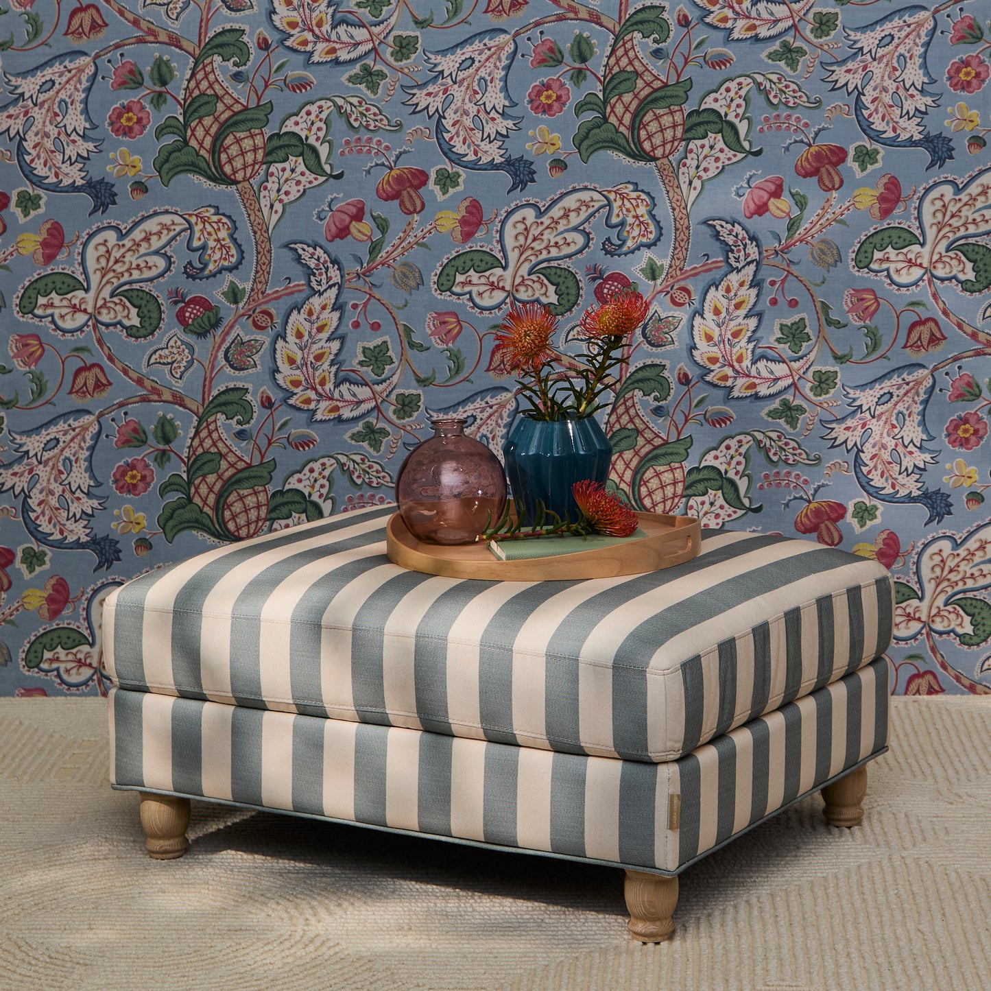 Brea Footstool - Blue Stripe with Whitewash Legs - Laura James