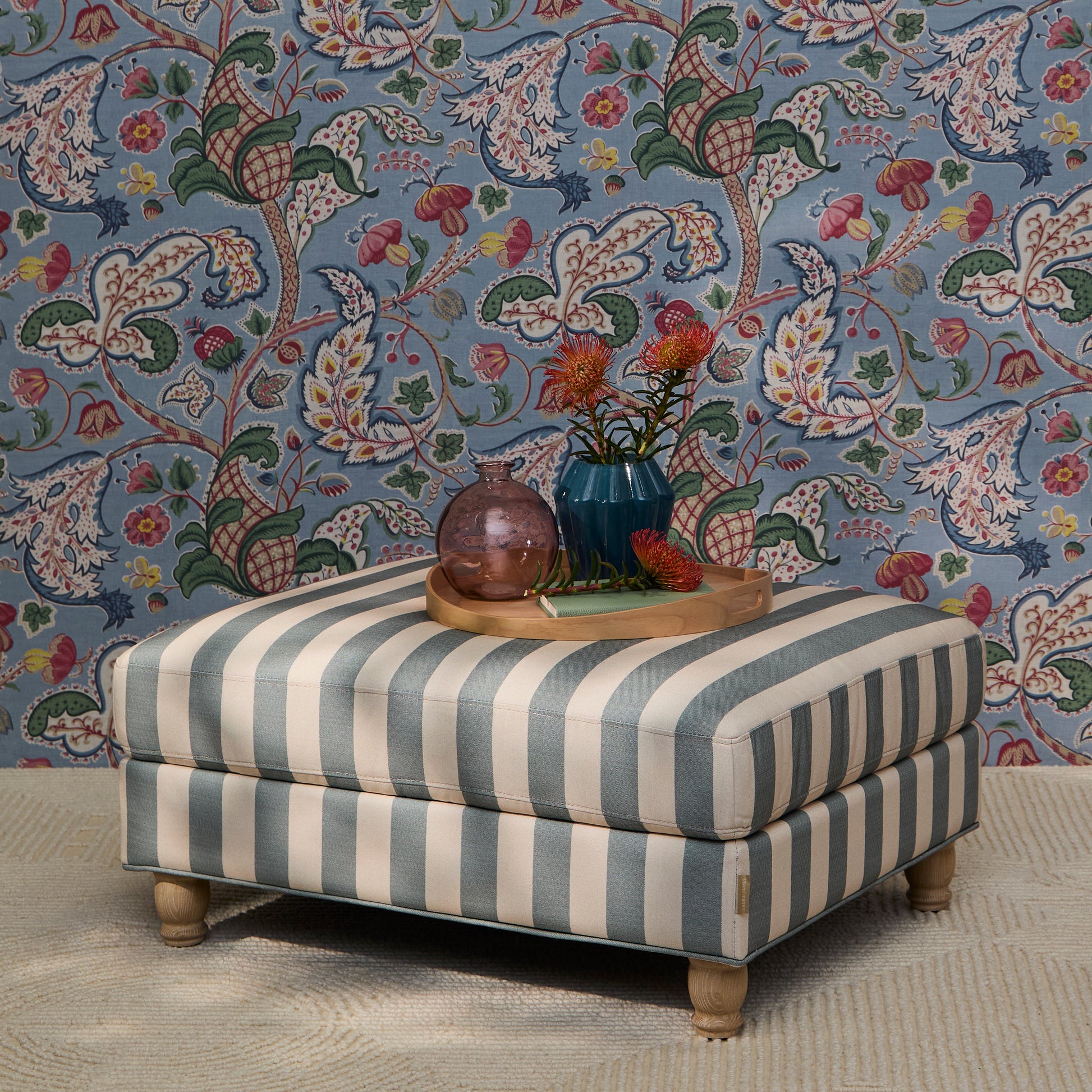 Brea Footstool - Blue Stripe with Whitewash Legs - Laura James