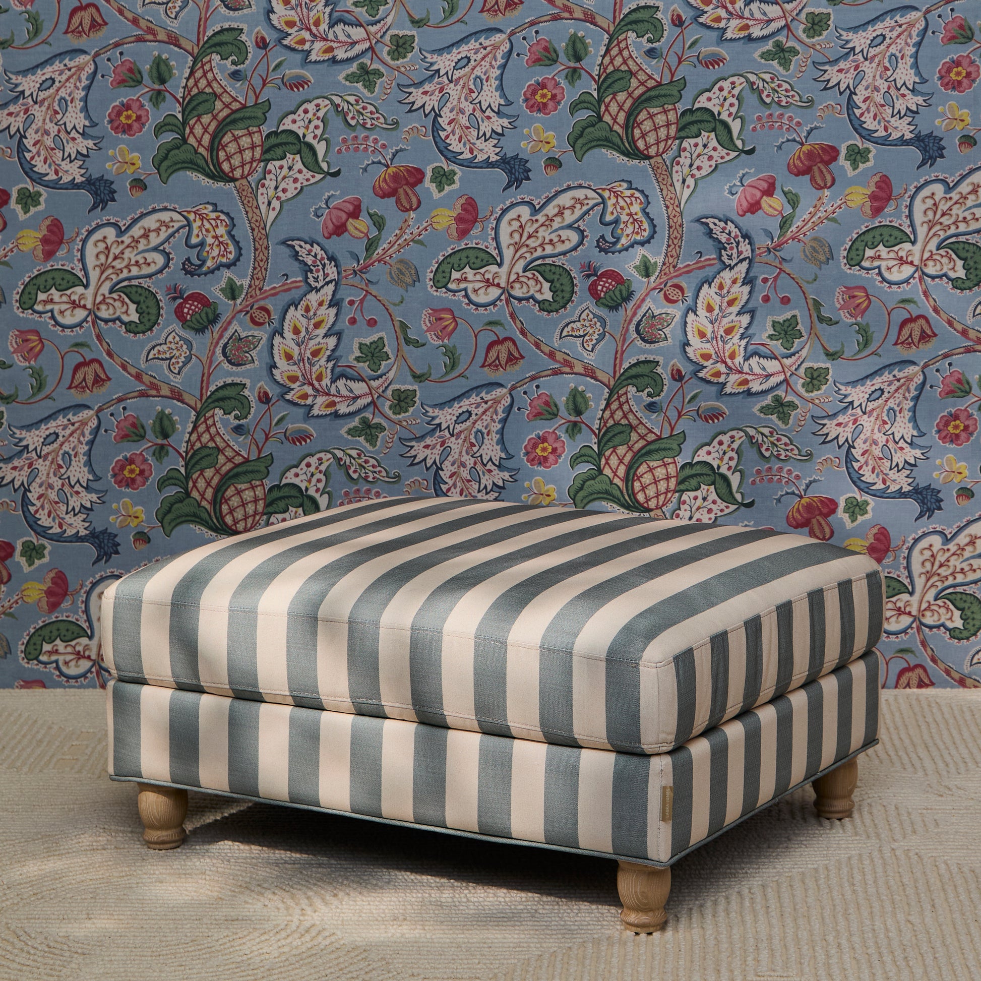 Brea Footstool - Blue Stripe with Whitewash Legs - Laura James