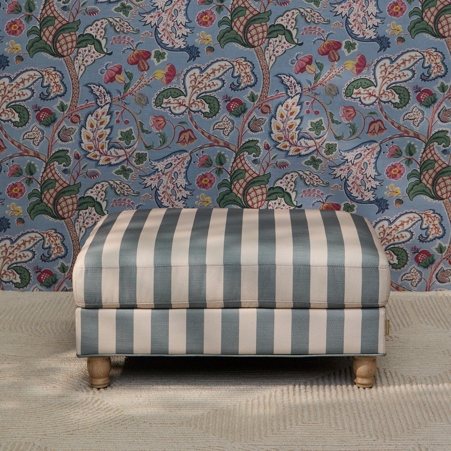 Brea Footstool - Blue Stripe with Whitewash Legs - Laura James