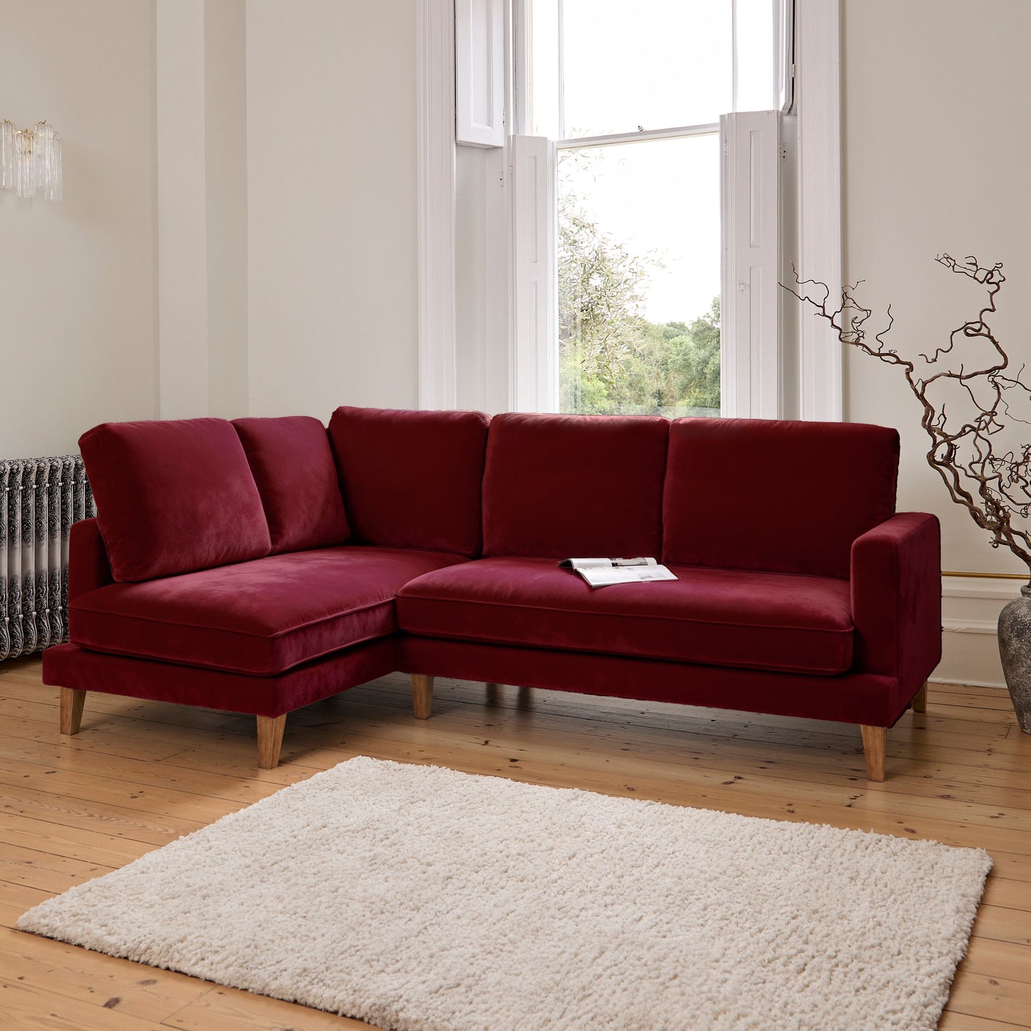 Gillian 3 Seater Large Corner Sofa - Burgundy Red Velvet with Dark Oak Legs - Laura James 
