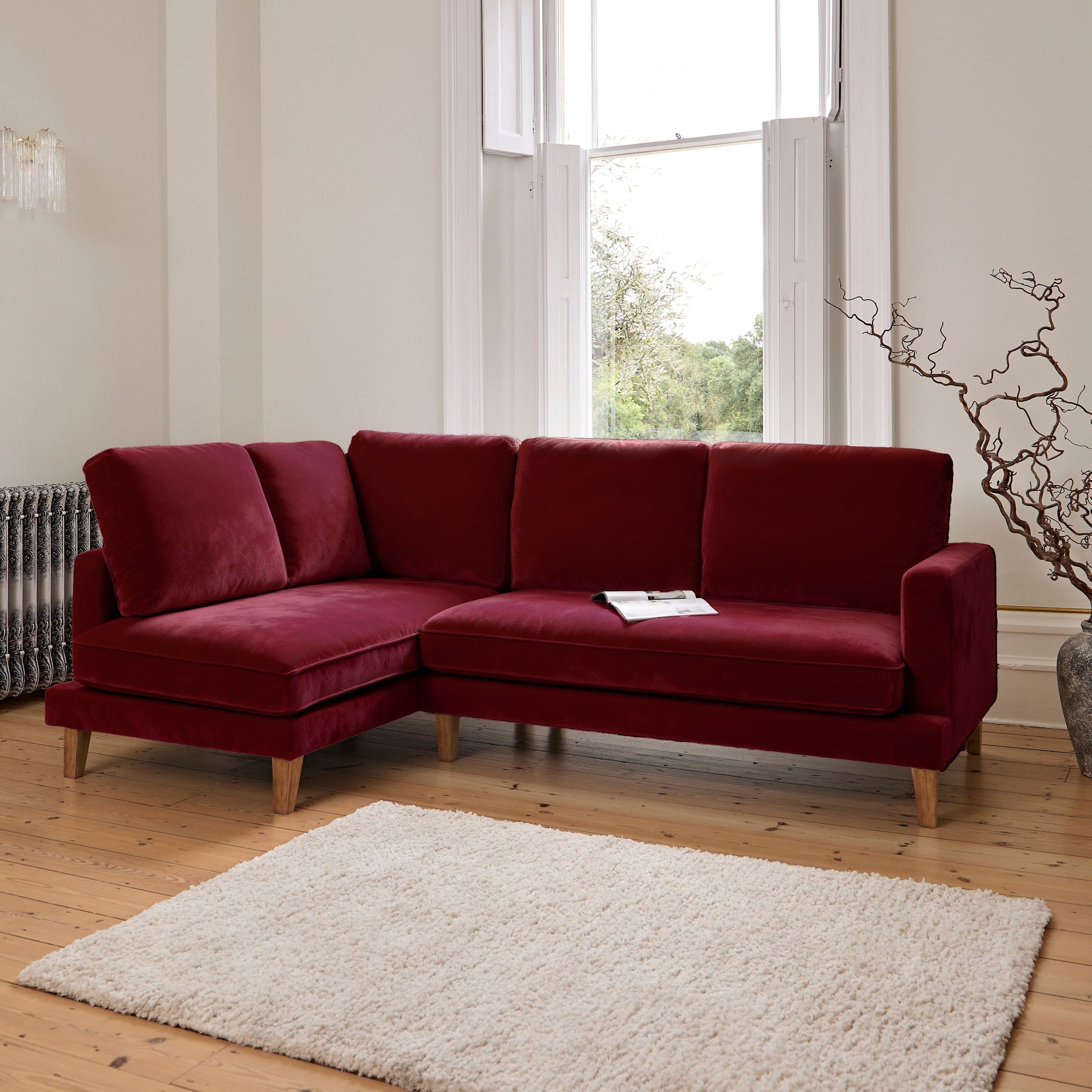 Gillian 3 Seater Large Corner Sofa - Burgundy Red Velvet with Dark Oak Legs - Laura James 