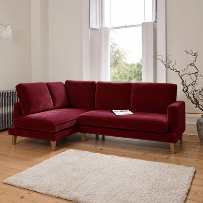 Gillian 3 Seater Large Corner Sofa - Burgundy Red Velvet with Dark Oak Legs - Laura James 