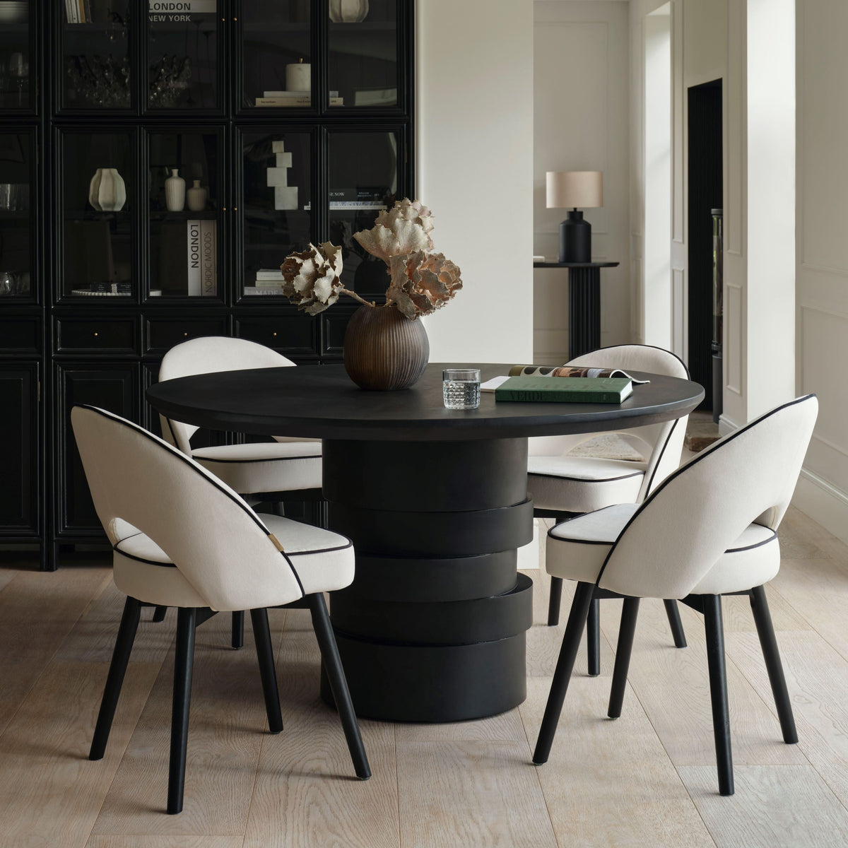 Adam 135cm Jet Black Mango Wood Round Dining Table Set - 4 Seater - Marilyn Ivory with Jet Black Piping Dining Chairs - Black Oak Legs