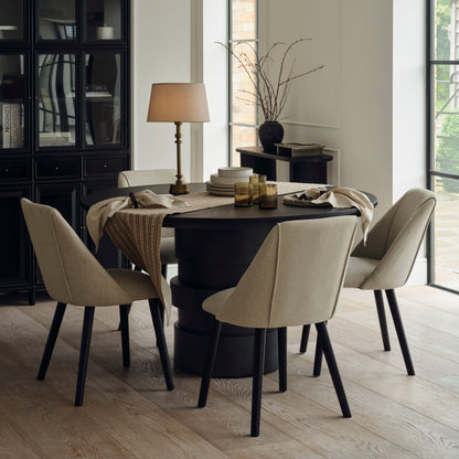 Adam 135cm Jet Black Mango Wood Round Dining Table Set - 4 Seater - Freya Sand Dining Chair - Black Oak Legs - Laura James 