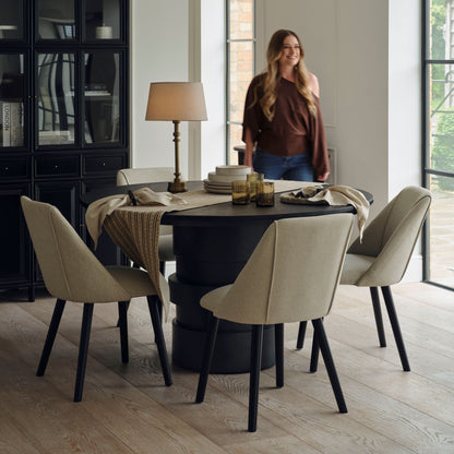 Adam 135cm Jet Black Mango Wood Round Dining Table Set - 4 Seater - Freya Sand Dining Chair - Black Oak Legs - Laura James 