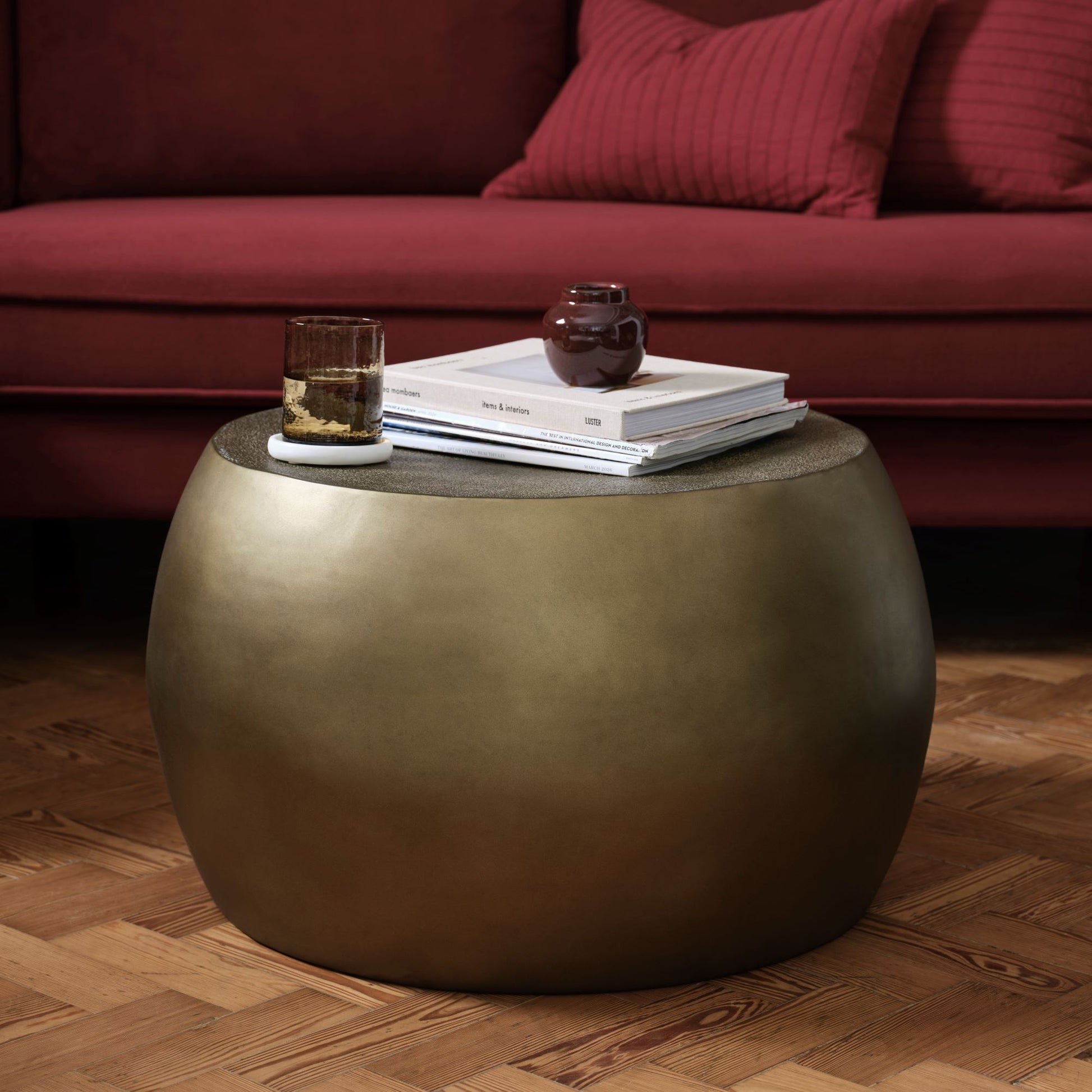 Astra 67cm Round Antique Brass Metal Coffee Table - Laura James 