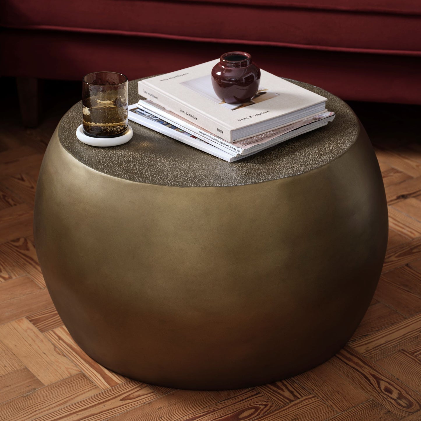 Astra 67cm Round Antique Brass Metal Coffee Table - Laura James 