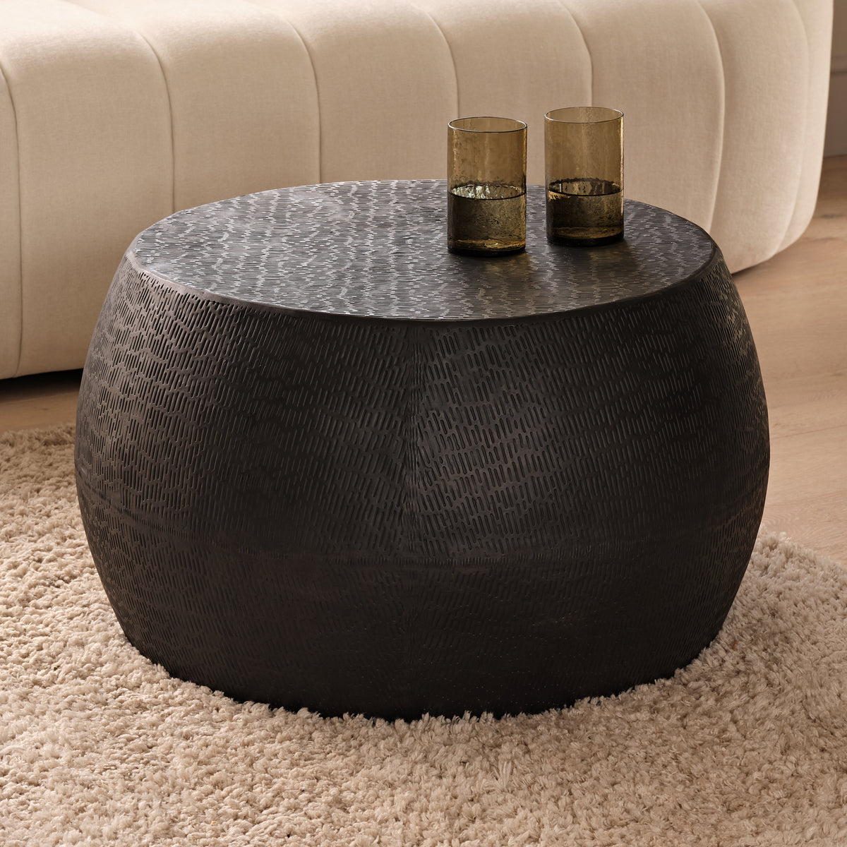 Astra 67cm Round  Black Bronze Geometric Lines Metal Coffee Table - Laura James 