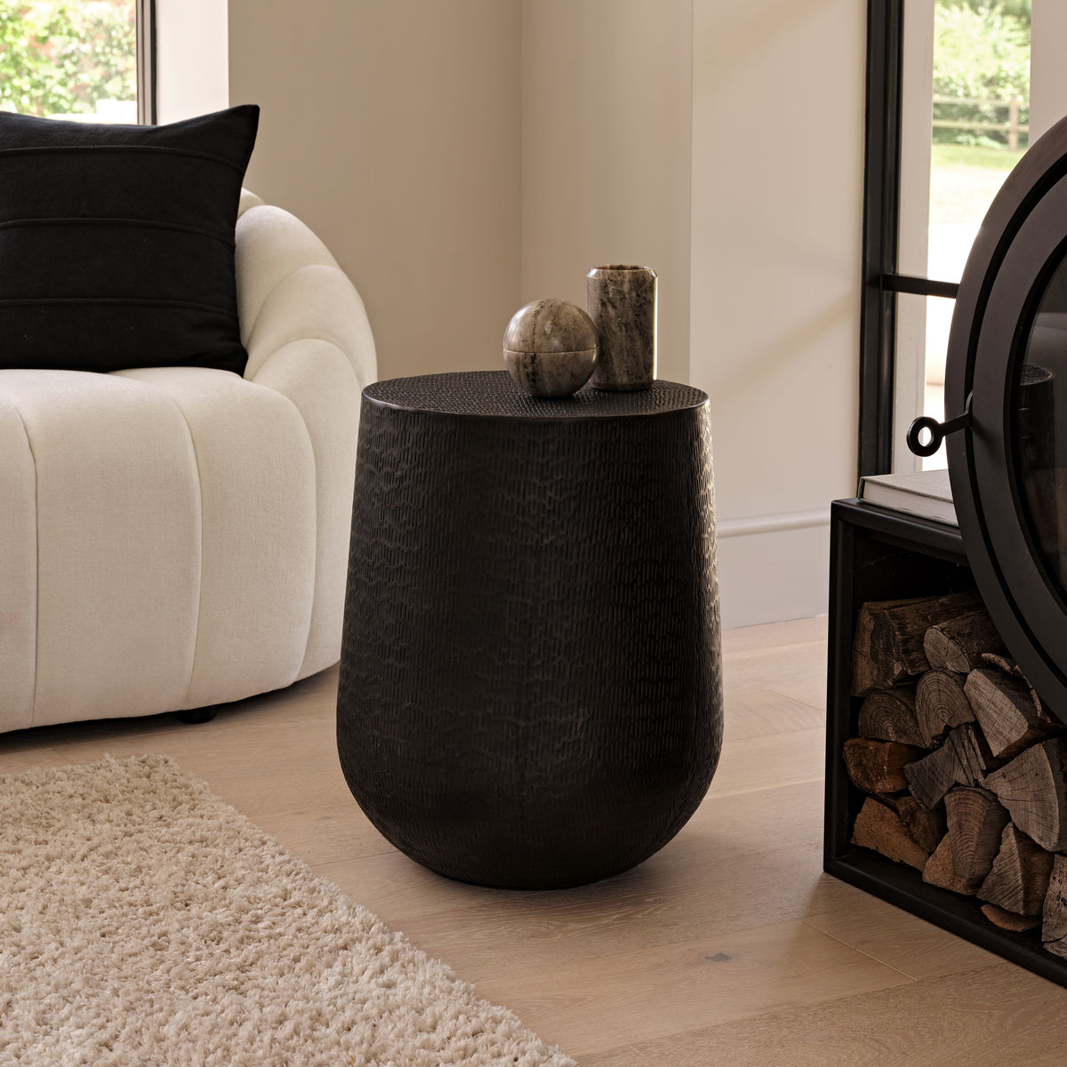 Astra 41cm Round Metal Side Table - Black Bronze Geometric Lines - Laura James 