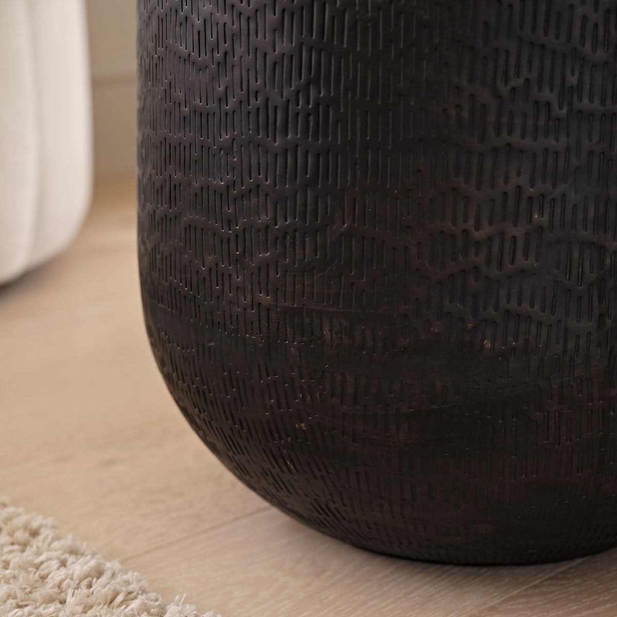 Astra 41cm Round Metal Side Table - Black Bronze Geometric Lines - Laura James 
