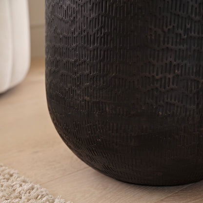Astra 41cm Round Metal Side Table - Black Bronze Geometric Lines - Laura James 