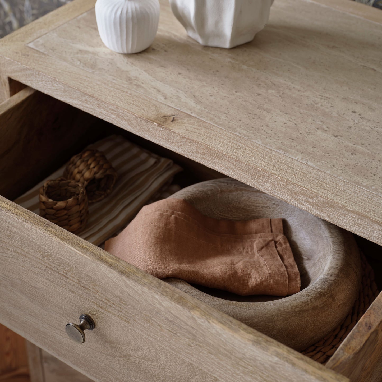 Colton 120cm 4 Drawer Chest of Drawers - Chalked Mango Wood & Travertine - Laura James 