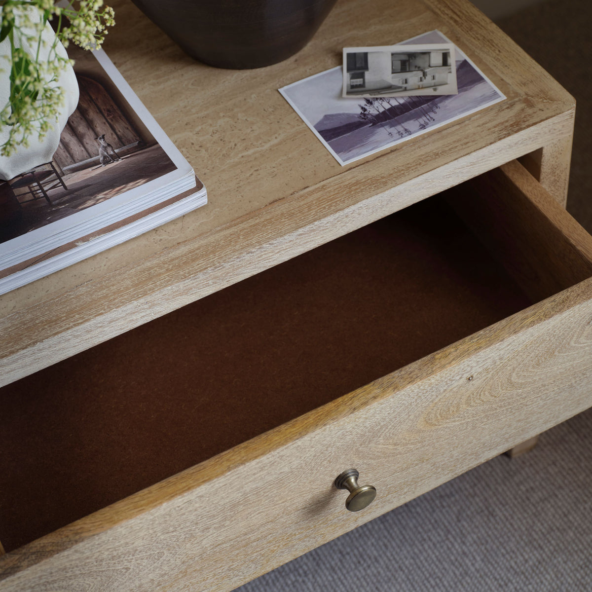 Colton 60cm 2 Drawer Bedside Table - Chalked Mango Wood & Travertine - Laura James 