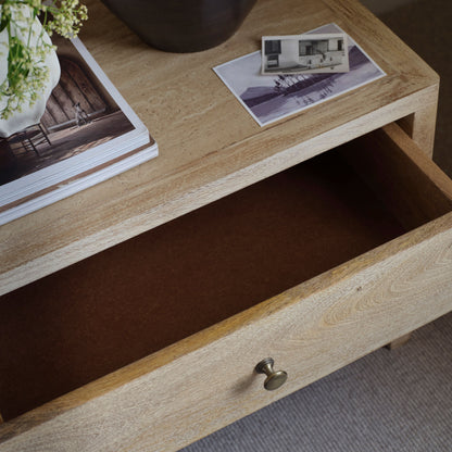 Colton 60cm 2 Drawer Bedside Table - Chalked Mango Wood & Travertine - Laura James 