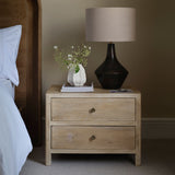 Colton 60cm 2 Drawer Bedside Table - Chalked Mango Wood & Travertine - Laura James 