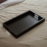 Jade 50cm Rectangular Ribbed Tray - Jet Black Mango Wood - Laura James 