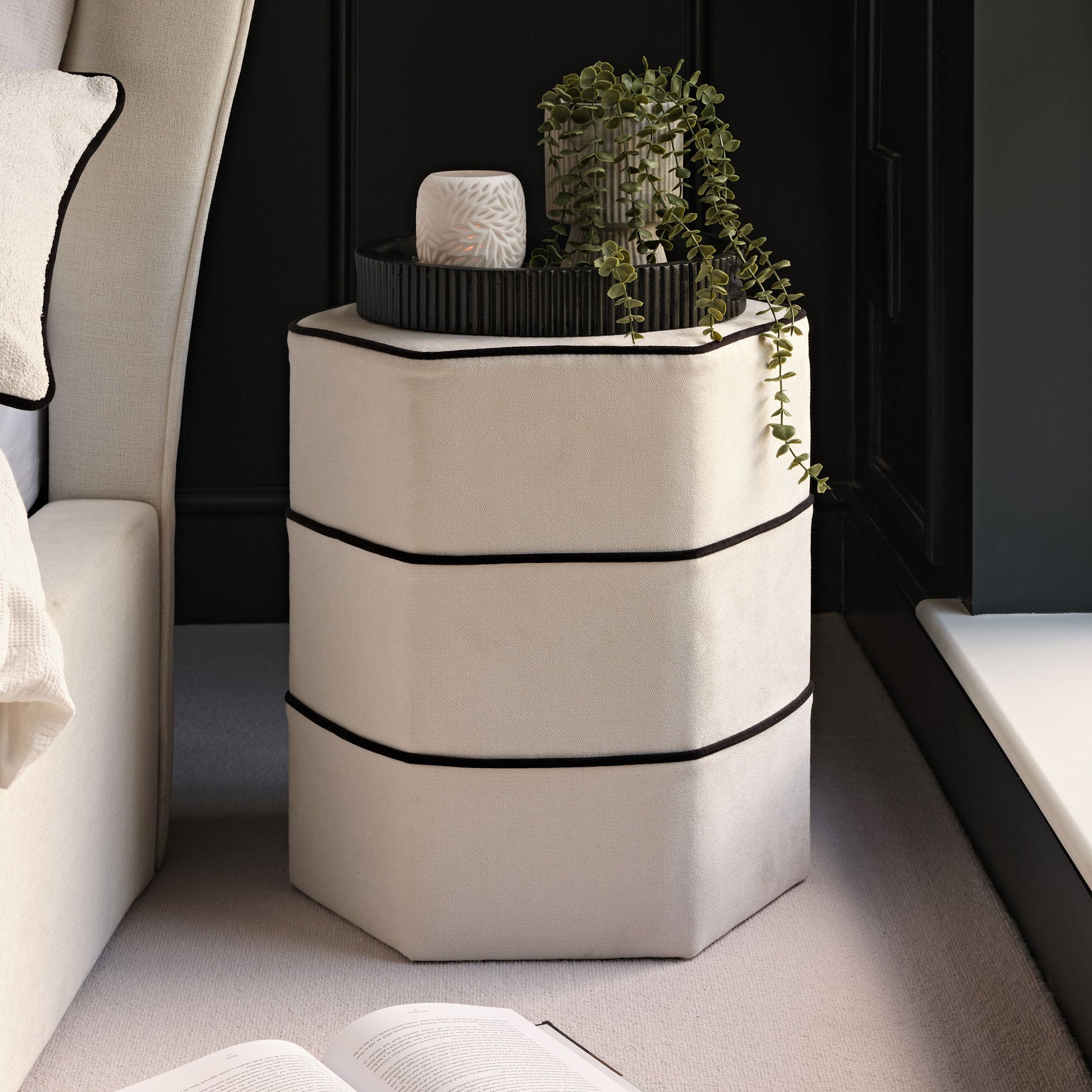Margot 46cm Hexagon Footstool - Ivory with Jet Black Piping - Laura James 