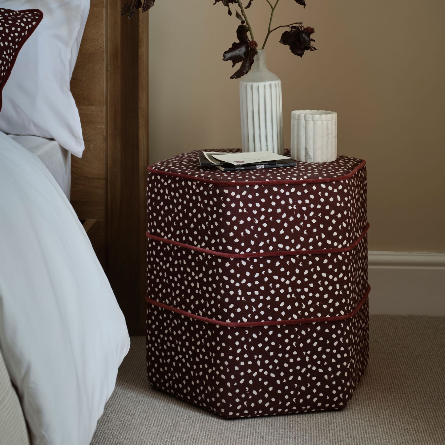 Margot 45cm Hexagon Footstool - Burgundy Spot with Burgundy Velvet Piping - Laura James 