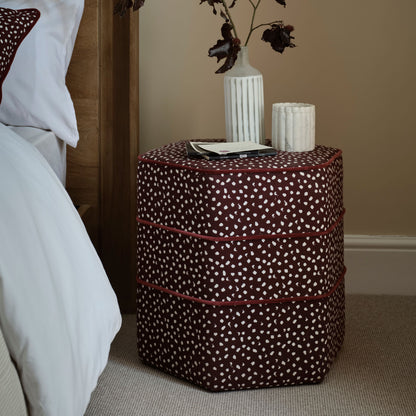 Margot 45cm Hexagon Footstool - Burgundy Spot with Burgundy Velvet Piping - Laura James 