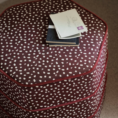 Margot 45cm Hexagon Footstool - Burgundy Spot with Burgundy Velvet Piping - Laura James 