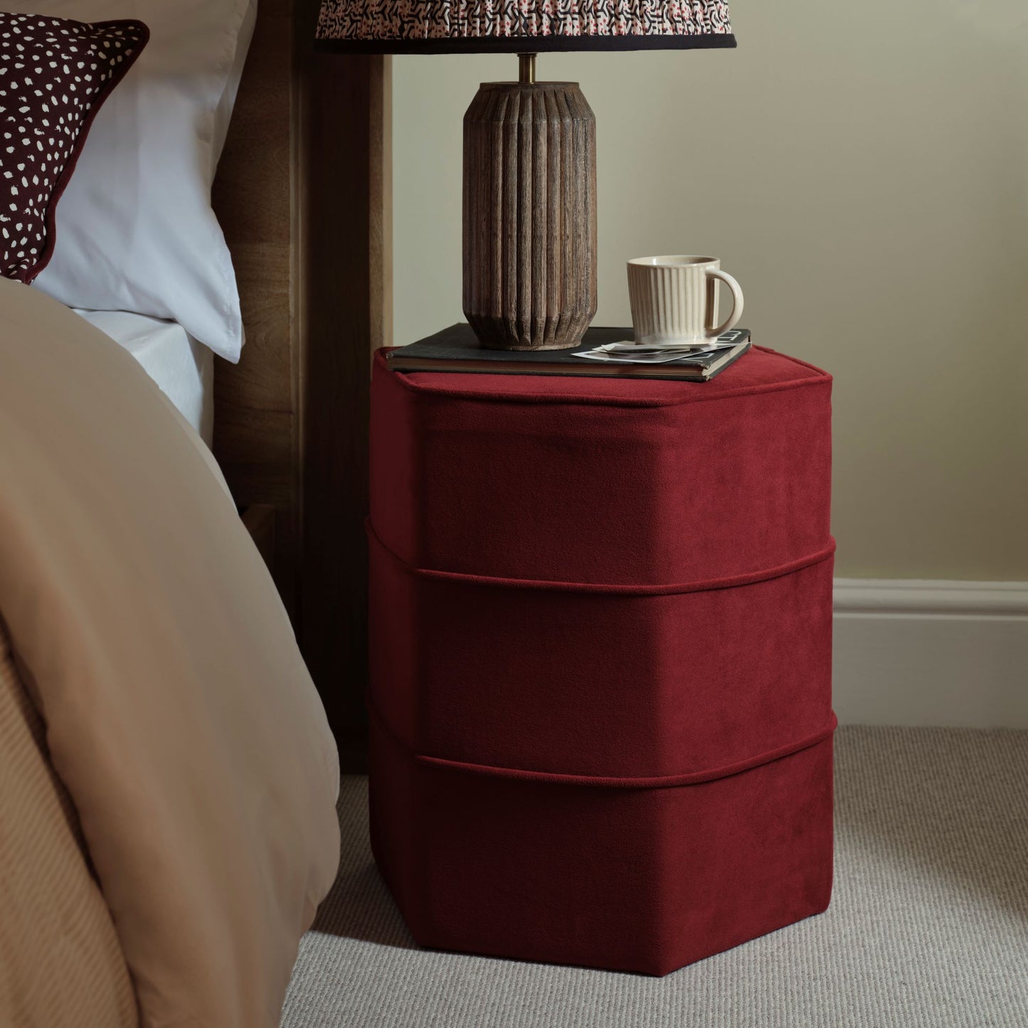 Margot 46cm Hexagon Footstool - Burgundy Velvet - Laura James 