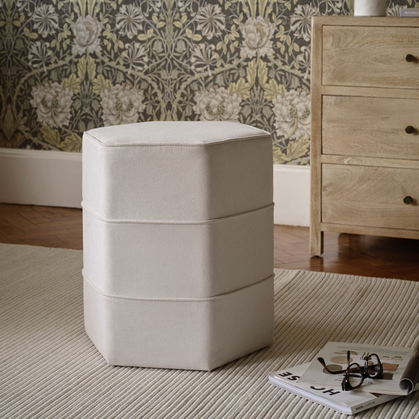 Margot 46cm Hexagon Footstool - Ivory - Laura James 