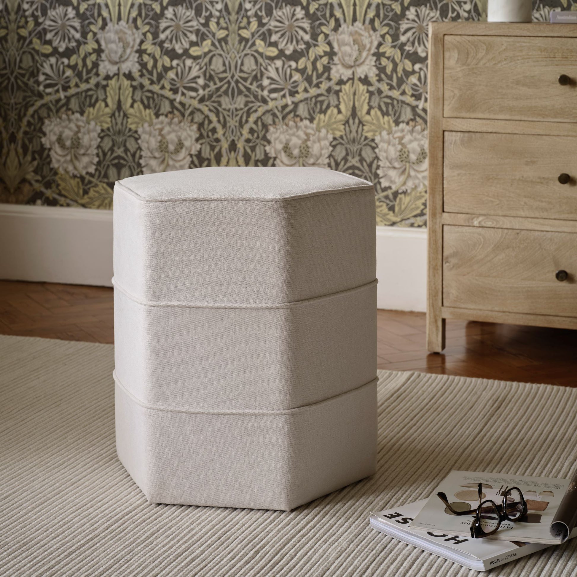Margot 46cm Hexagon Footstool - Ivory - Laura James 