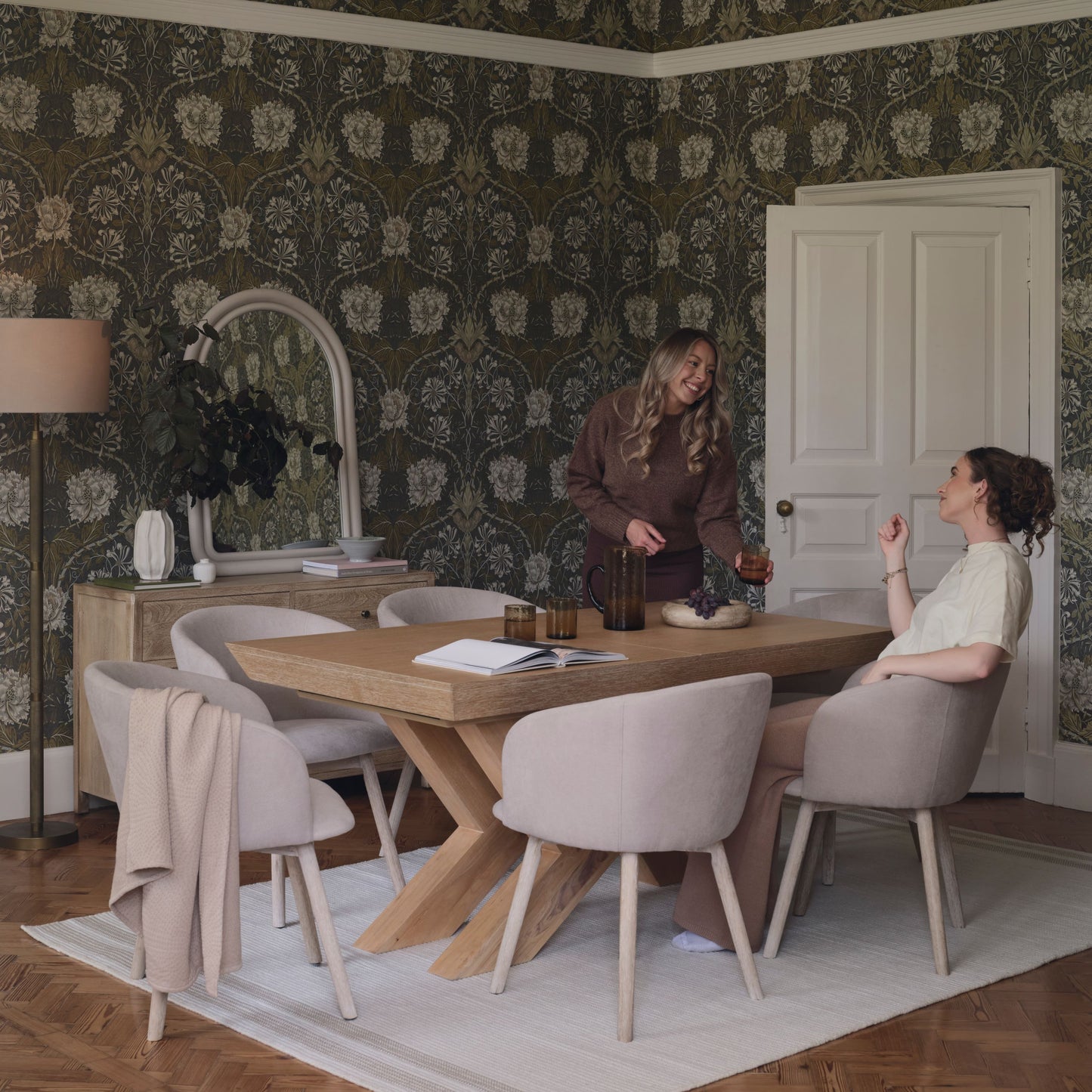Olivia 160-240cm Whitewash Oak Dining Table Set - 6 Seater - Archer Soft Beige Dining Chairs - Whitewash Legs - Laura James 