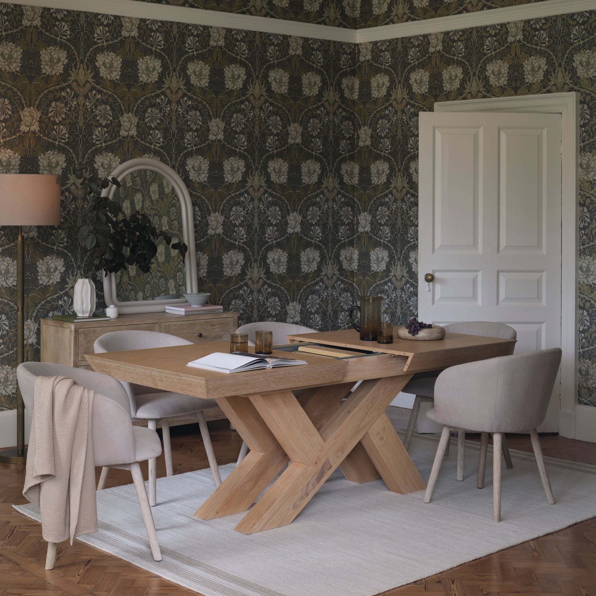 Olivia 160-240cm Whitewash Oak Dining Table Set - 6 Seater - Archer Soft Beige Dining Chairs - Whitewash Legs - Laura James 