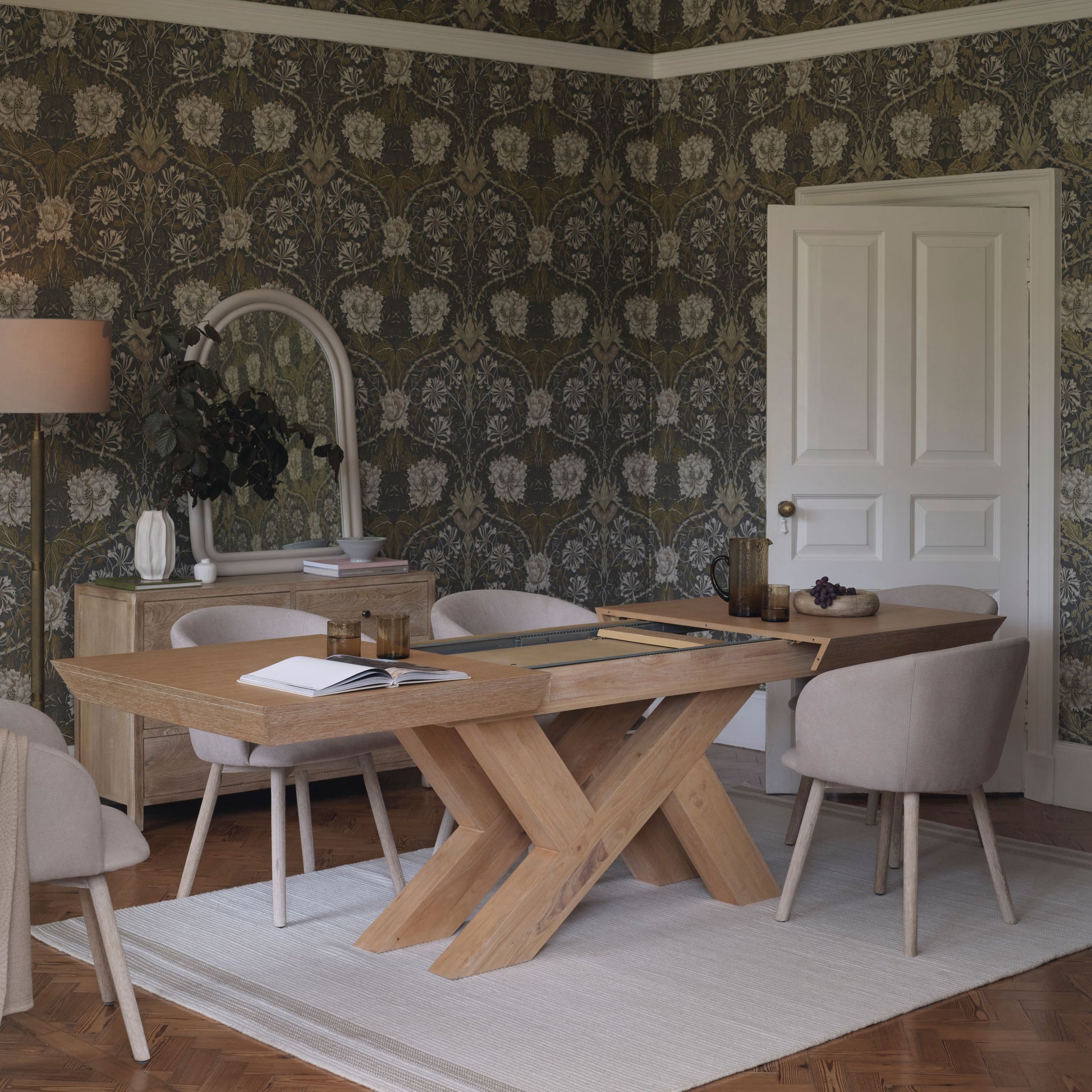 Olivia 160-240cm Whitewash Oak Dining Table Set - 6 Seater - Archer Soft Beige Dining Chairs - Whitewash Legs - Laura James 