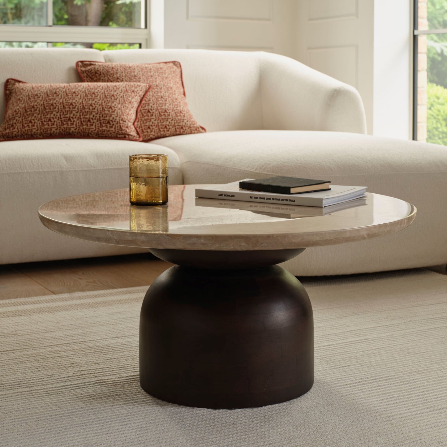 Sorrell 75cm Round Coffee Table - Coffee Brown Mango Wood & White Marble - Laura James 