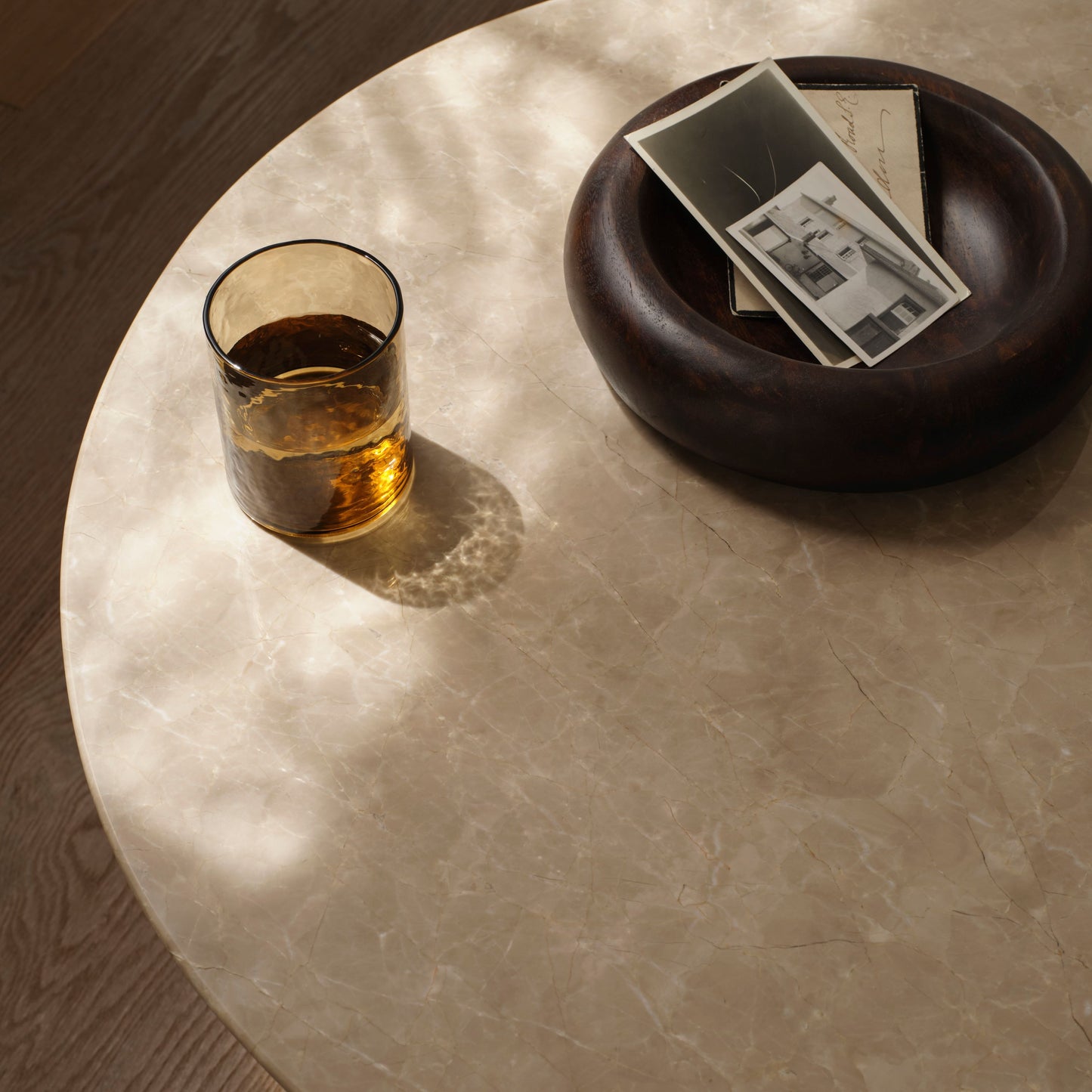 Sorrell 75cm Round Coffee Table - Coffee Brown Mango Wood & White Marble - Laura James 