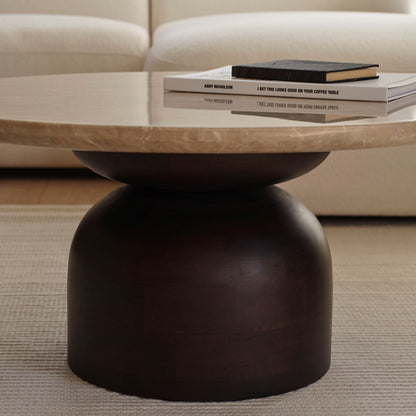 Sorrell 75cm Round Coffee Table - Coffee Brown Mango Wood & White Marble - Laura James 