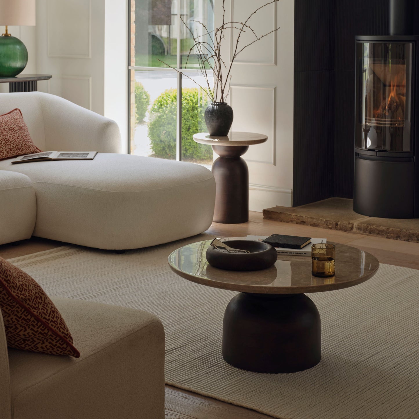 Sorrell 75cm Round Coffee Table - Coffee Brown Mango Wood & White Marble - Laura James 