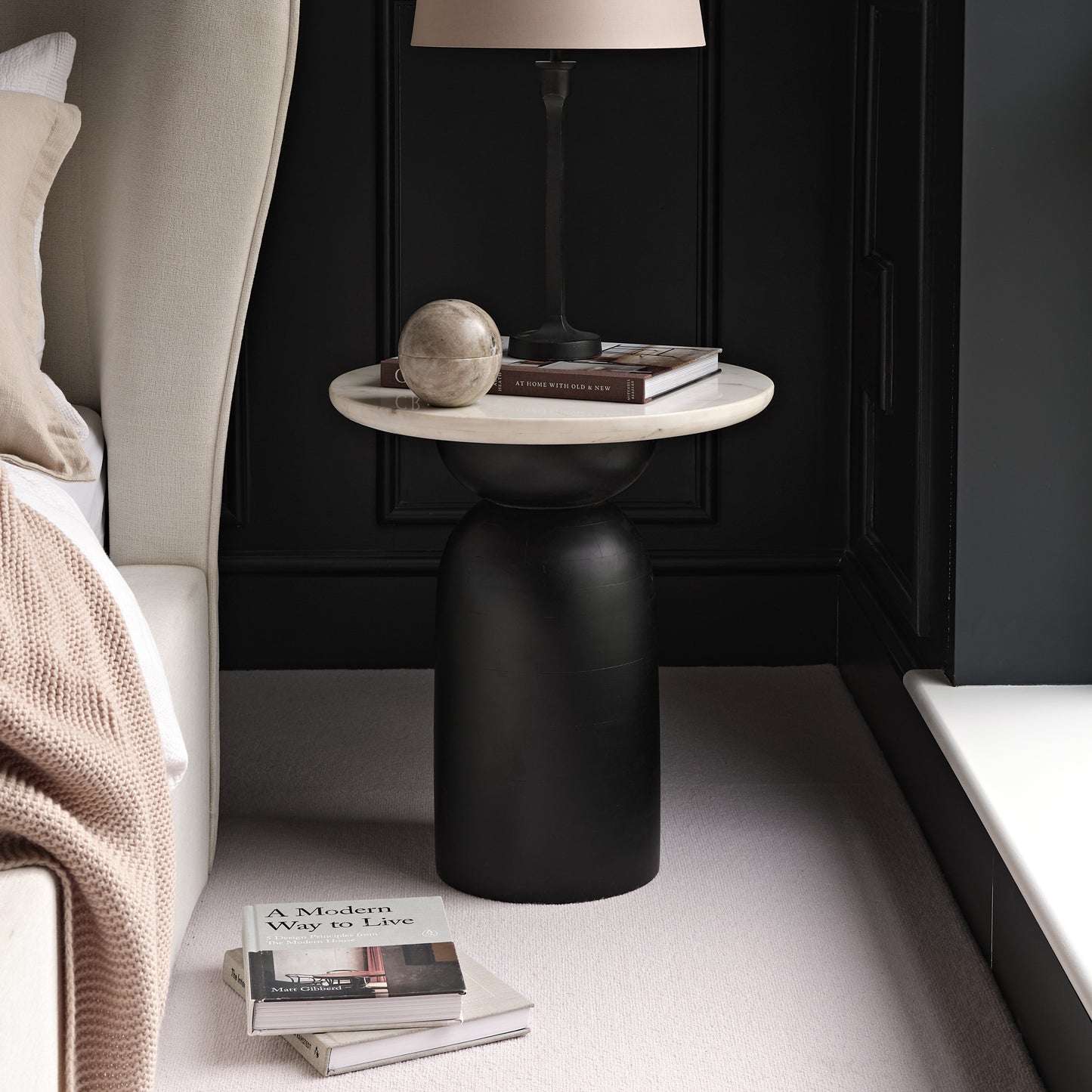 Sorrell Jet Black Mango Wood & White Marble Round Side Table - Laura James 