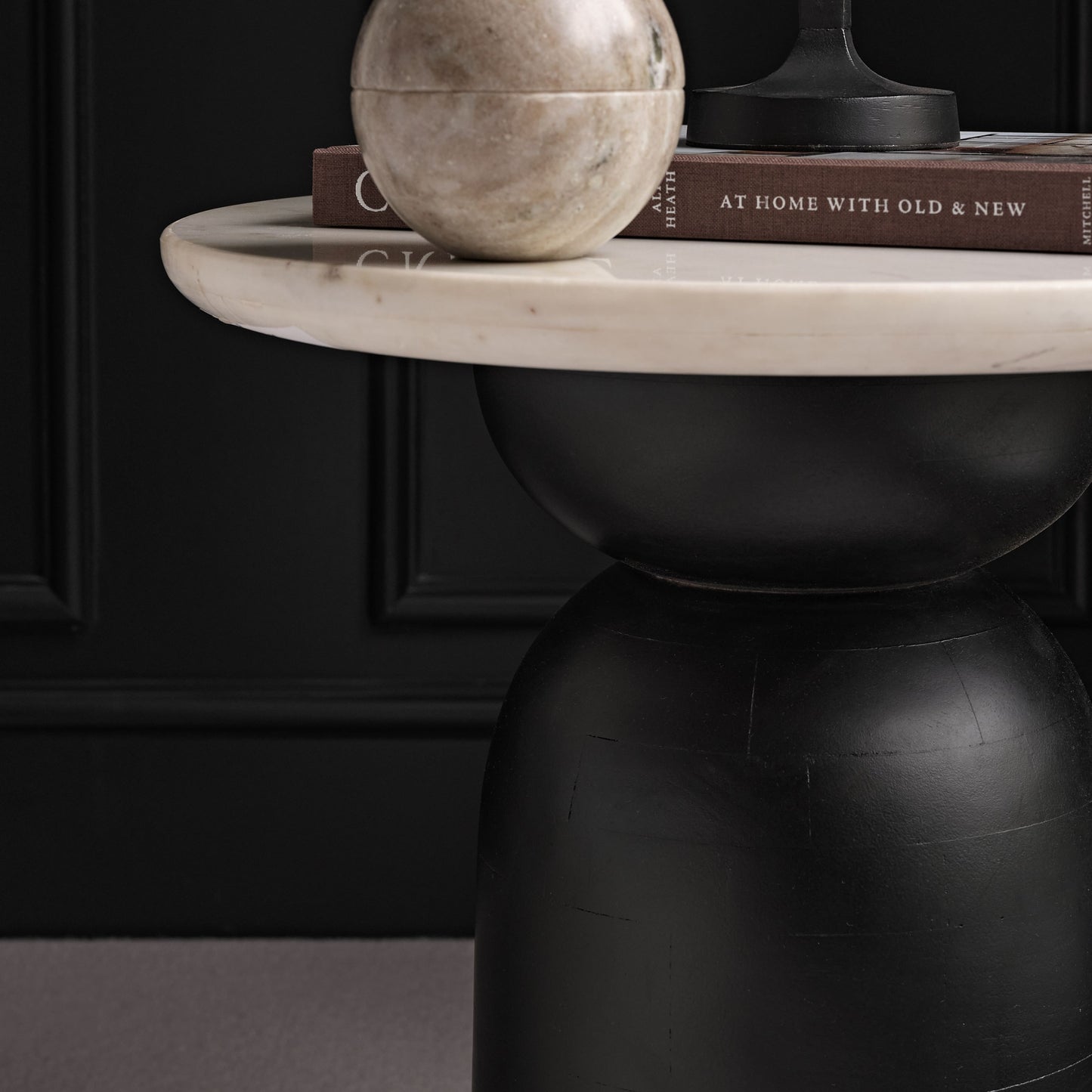 Sorrell Jet Black Mango Wood & White Marble Round Side Table - Laura James 