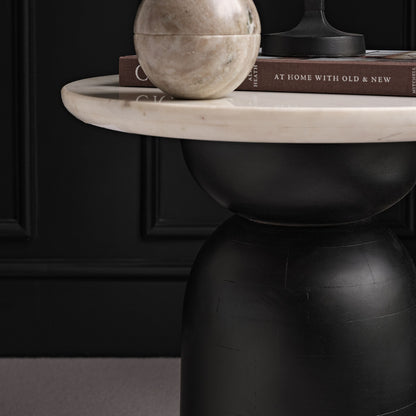 Sorrell Jet Black Mango Wood & White Marble Round Side Table - Laura James 