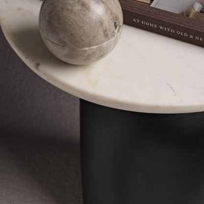 Sorrell Jet Black Mango Wood & White Marble Round Side Table - Laura James 