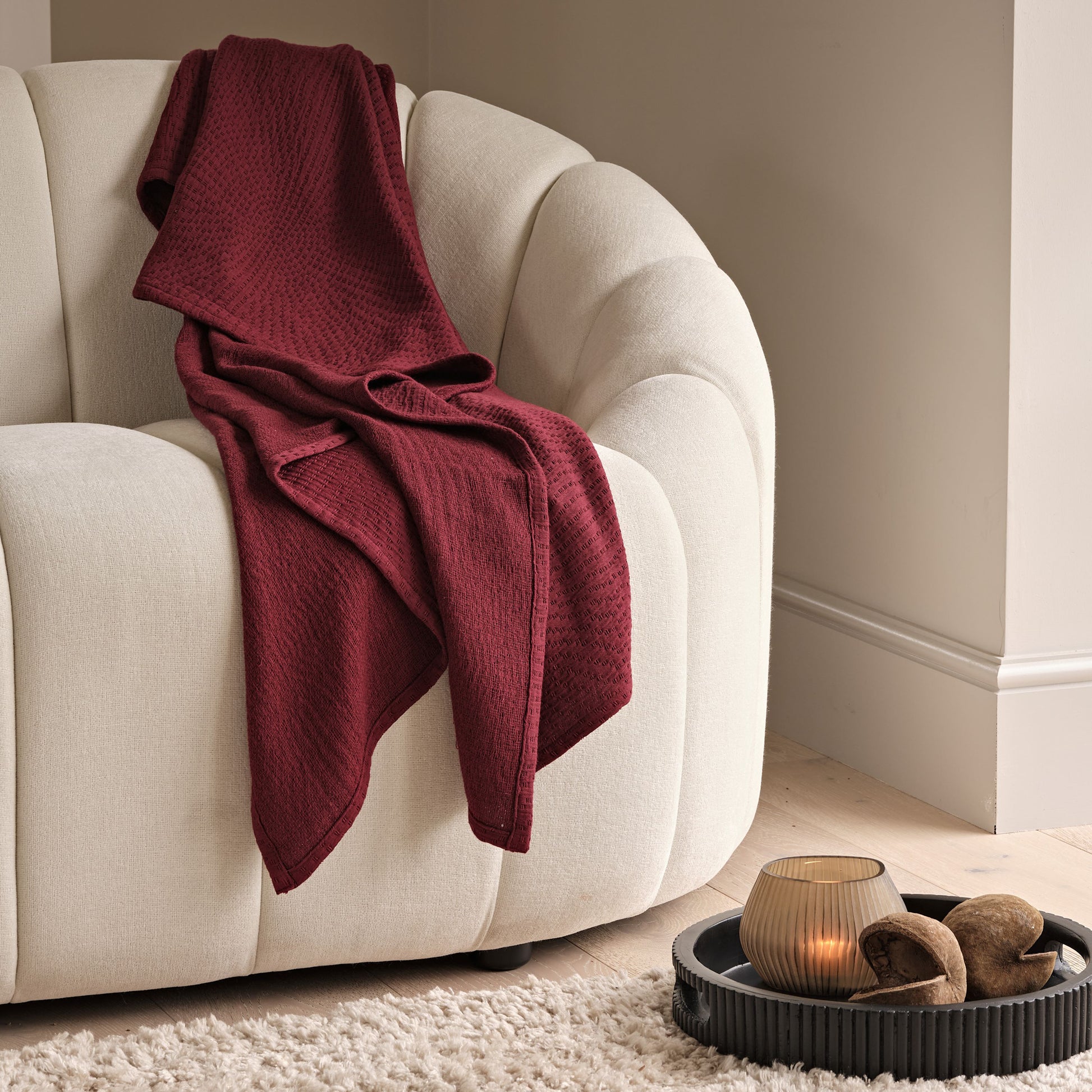 Soldon 200x220cm Cotton Throw - Burgundy Red - Laura James 