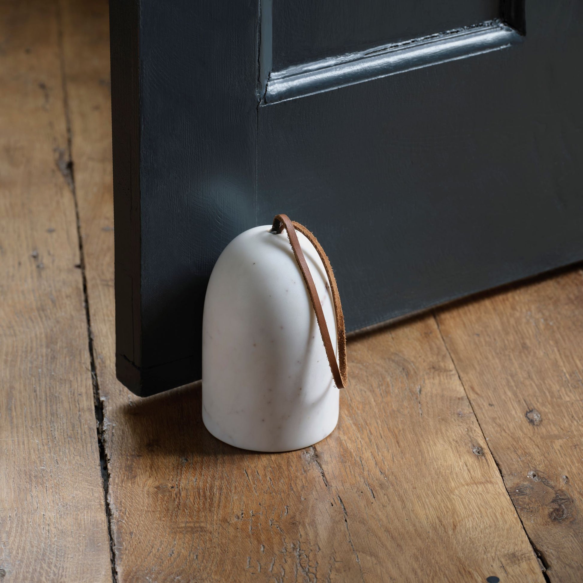 Tiree 15cm Door Stop with Leather Handle - White Marble - Laura James 