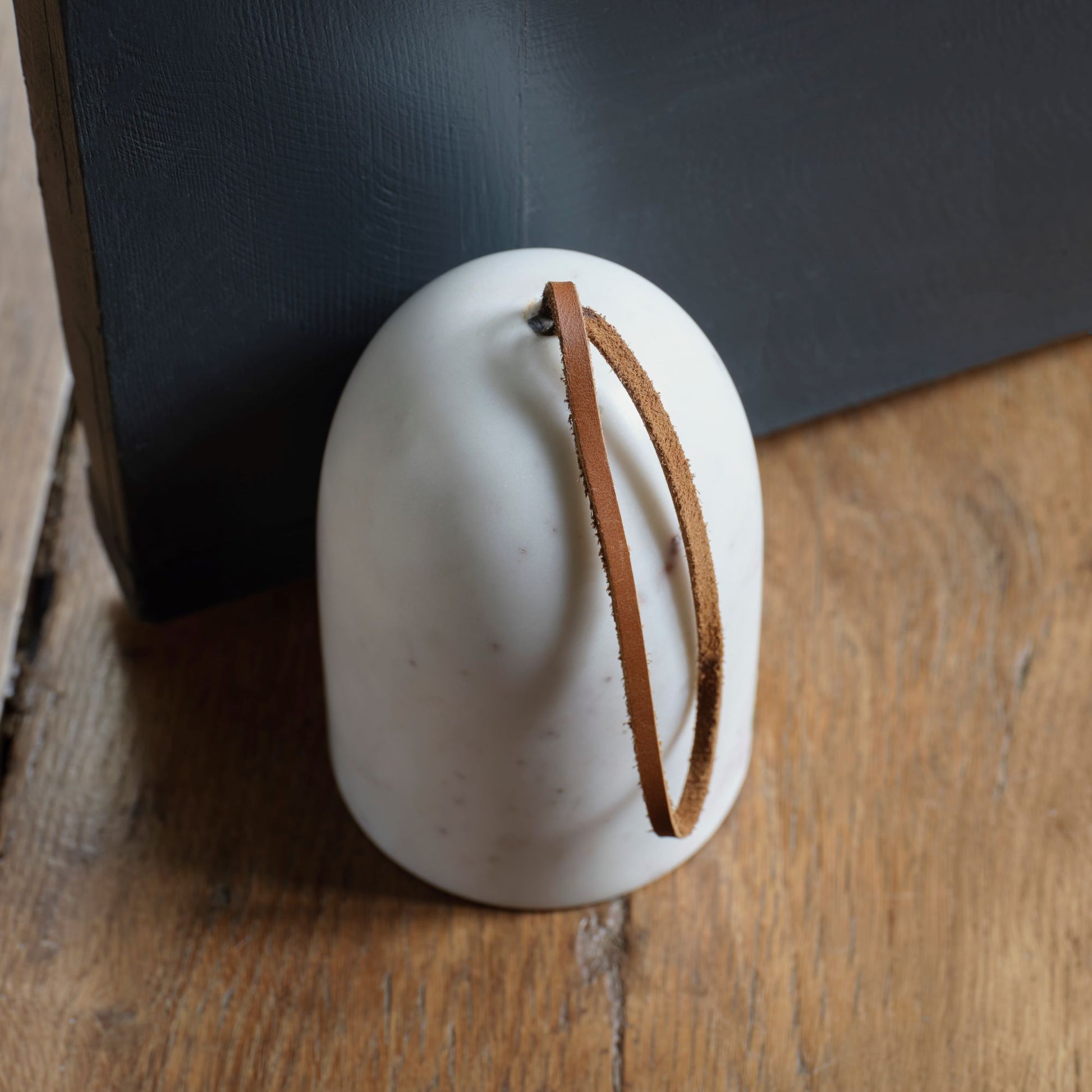 Tiree 15cm Door Stop with Leather Handle - White Marble - Laura James 