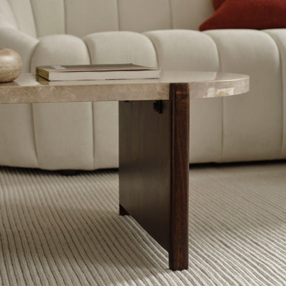 Viola 100cm Oval Lady Grey Marble & Coffee Brown Mango Wood Coffee Table - Laura James 