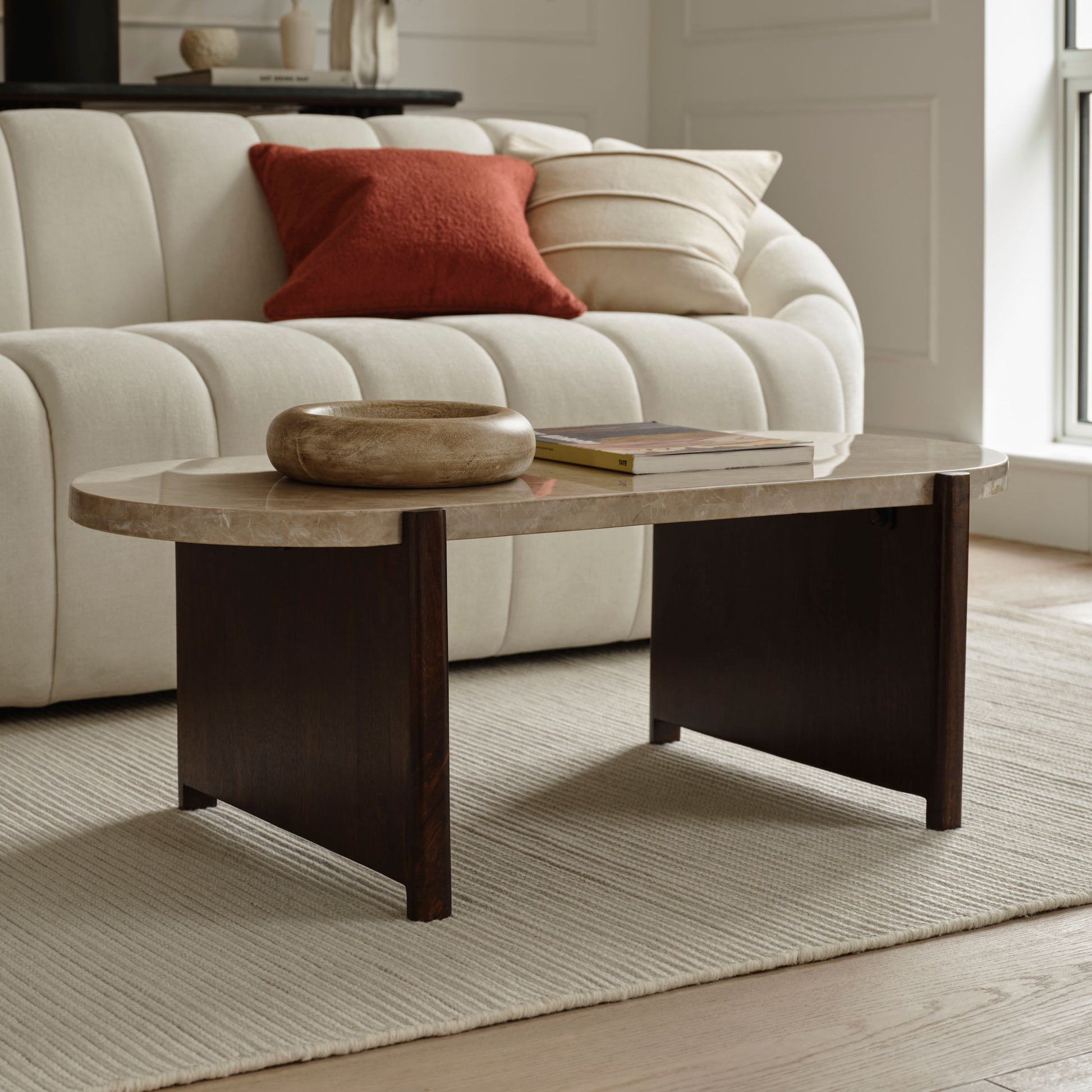 Viola 100cm Oval Lady Grey Marble & Coffee Brown Mango Wood Coffee Table - Laura James 
