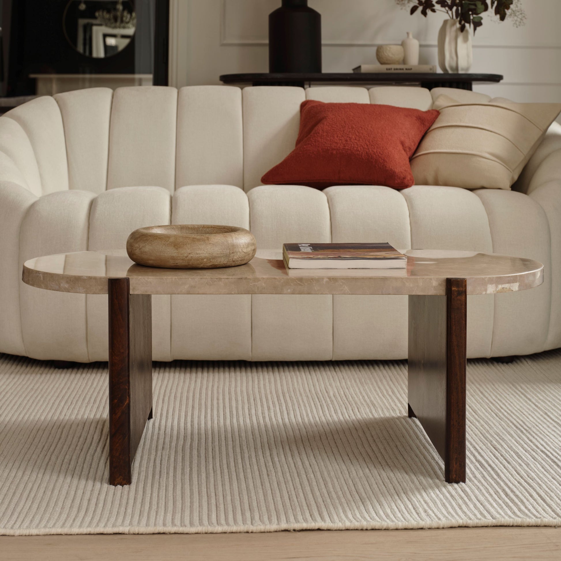 Viola 100cm Oval Lady Grey Marble & Coffee Brown Mango Wood Coffee Table - Laura James 