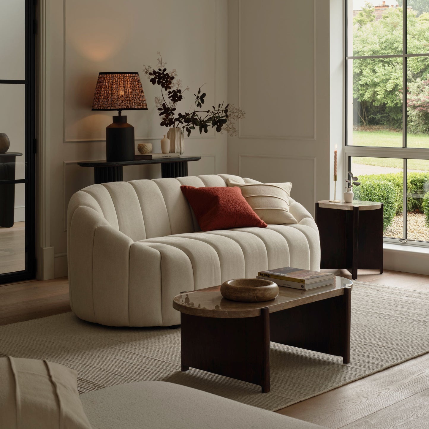Viola 100cm Oval Lady Grey Marble & Coffee Brown Mango Wood Coffee Table - Laura James 