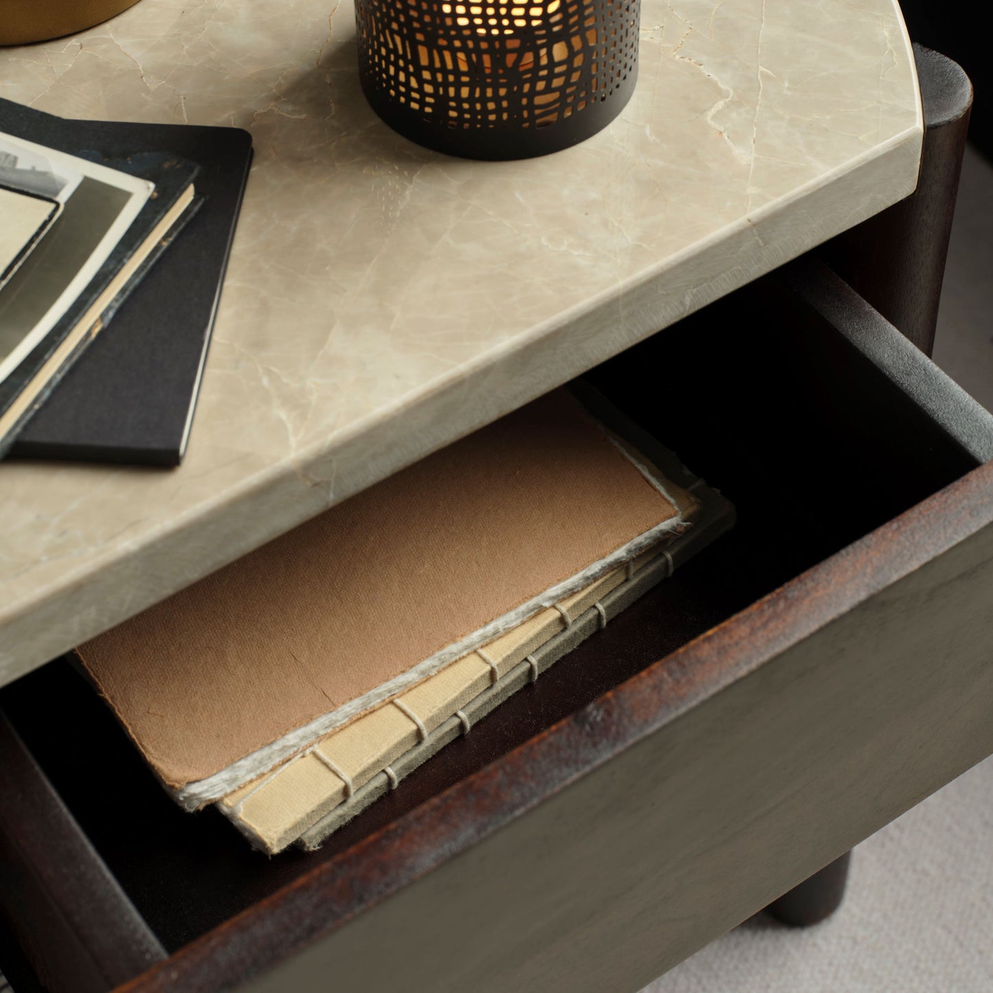 Viola 1 Drawer Bedside Table - Lady Grey Marble & Coffee Brown Mango Wood - Laura James 